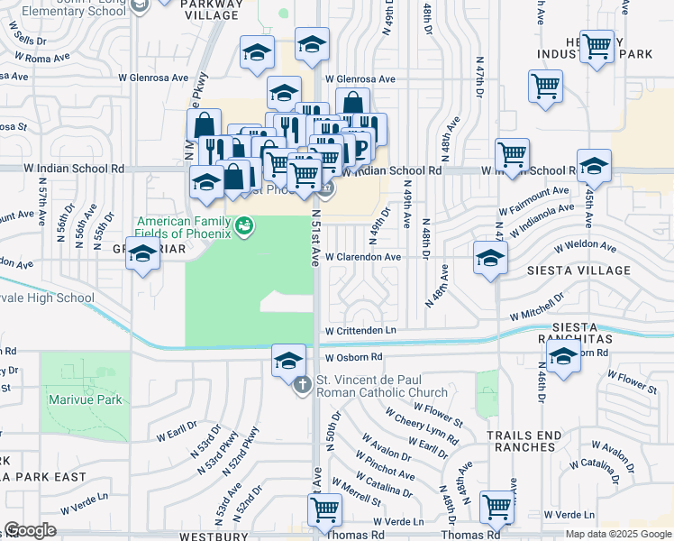 map of restaurants, bars, coffee shops, grocery stores, and more near 3607 North 51st Avenue in Phoenix