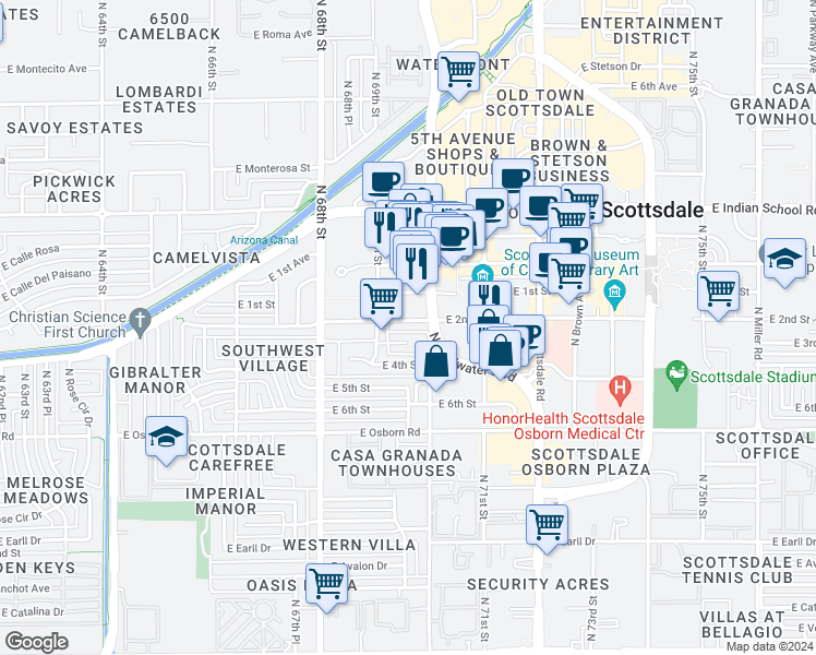 map of restaurants, bars, coffee shops, grocery stores, and more near 6922 East 3rd Street in Scottsdale