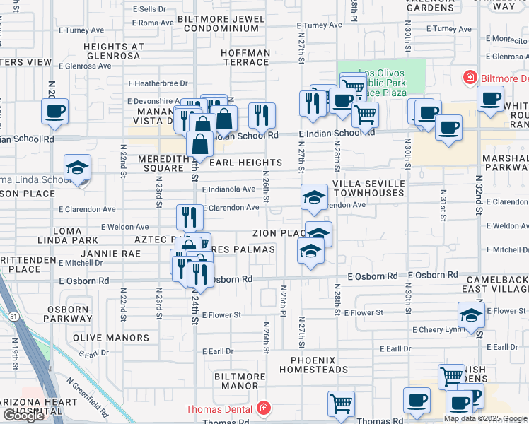 map of restaurants, bars, coffee shops, grocery stores, and more near 2542 East Whitton Avenue in Phoenix