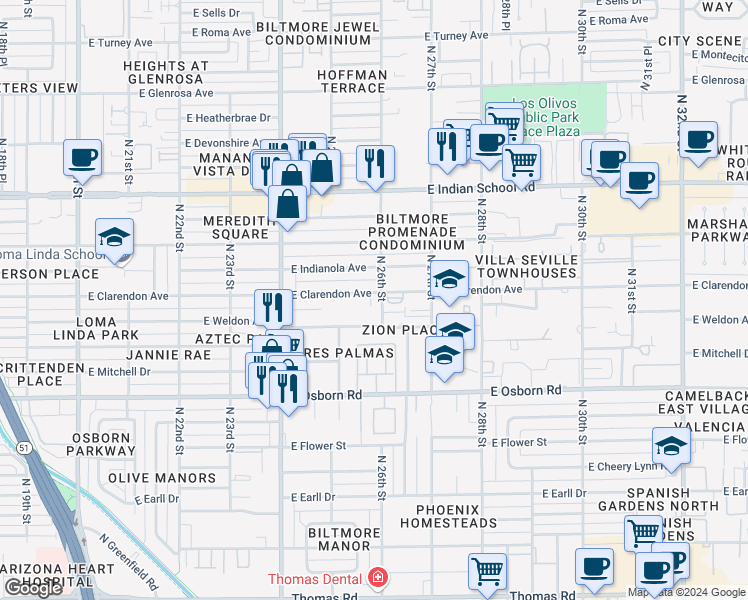 map of restaurants, bars, coffee shops, grocery stores, and more near 2542 East Whitton Avenue in Phoenix