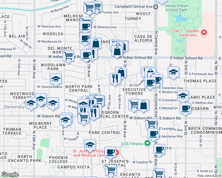 map of restaurants, bars, coffee shops, grocery stores, and more near 3629 North 5th Avenue in Phoenix