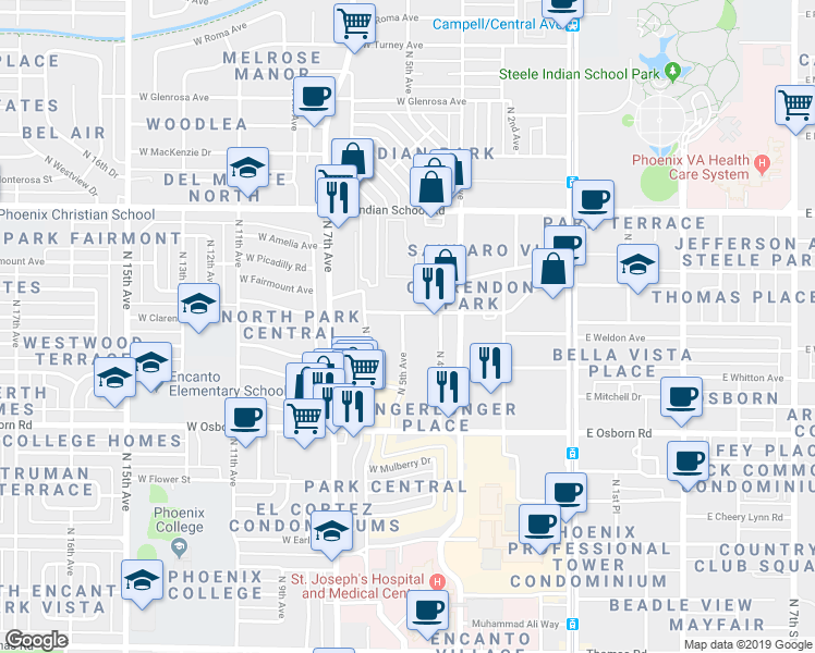 map of restaurants, bars, coffee shops, grocery stores, and more near 3629 North 5th Avenue in Phoenix