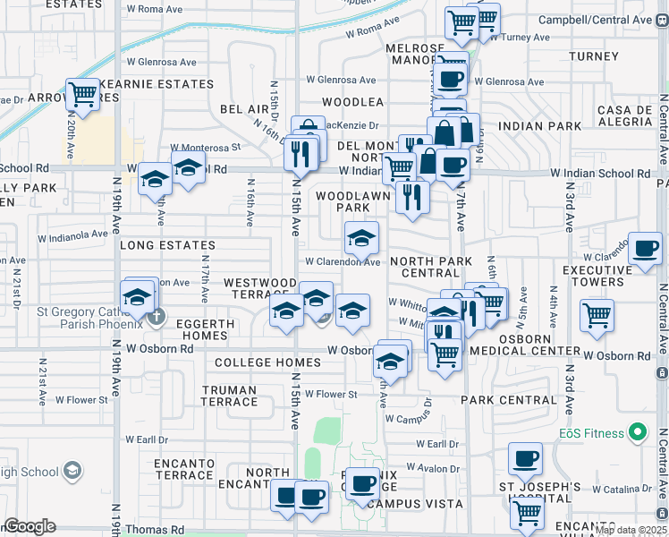 map of restaurants, bars, coffee shops, grocery stores, and more near 1302 West Weldon Avenue in Phoenix