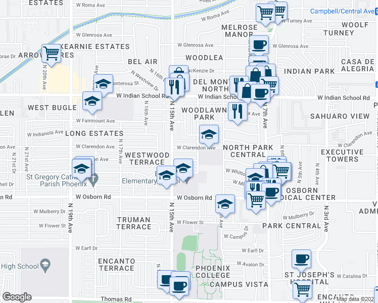 map of restaurants, bars, coffee shops, grocery stores, and more near 1406 West Weldon Avenue in Phoenix