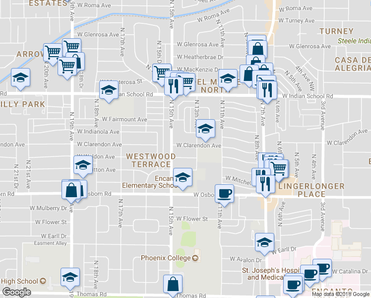 map of restaurants, bars, coffee shops, grocery stores, and more near 1406 West Weldon Avenue in Phoenix