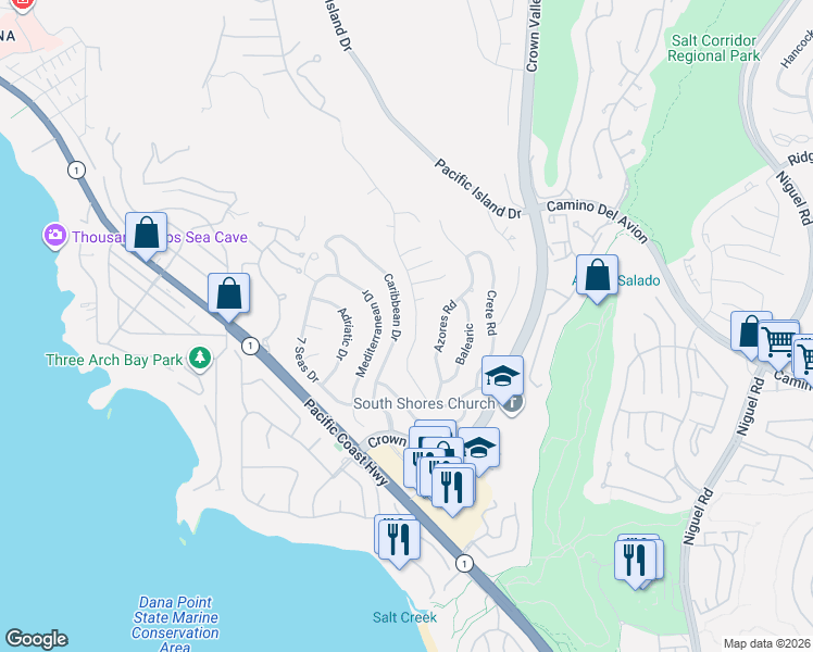 map of restaurants, bars, coffee shops, grocery stores, and more near 32571 Caribbean Drive in Dana Point