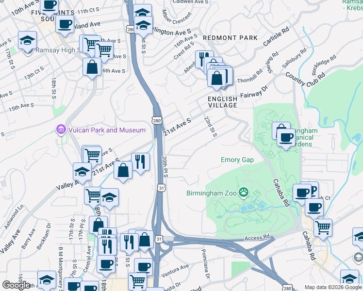 map of restaurants, bars, coffee shops, grocery stores, and more near 2024 22nd Court South in Birmingham