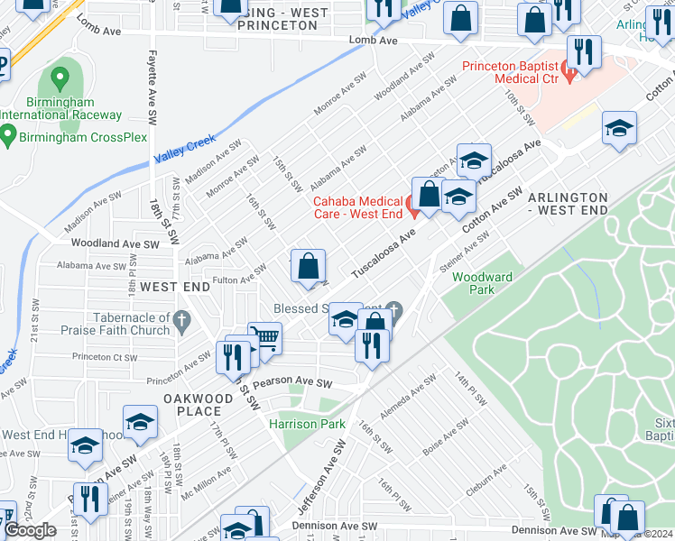 map of restaurants, bars, coffee shops, grocery stores, and more near 1517 Tuscaloosa Avenue in Birmingham
