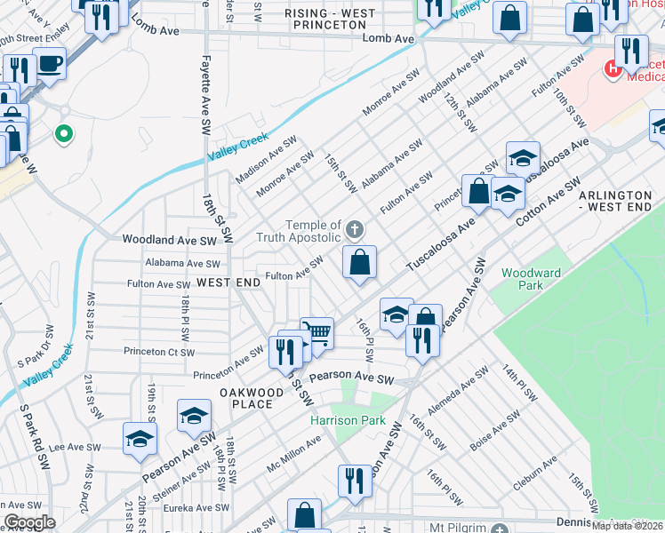 map of restaurants, bars, coffee shops, grocery stores, and more near 528 16th Street Southwest in Birmingham
