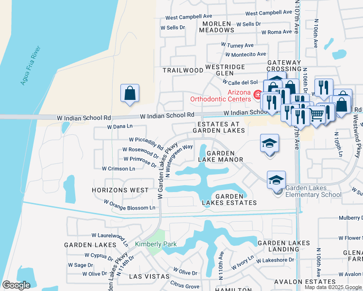 map of restaurants, bars, coffee shops, grocery stores, and more near 3819 North Wintergreen Way in Avondale