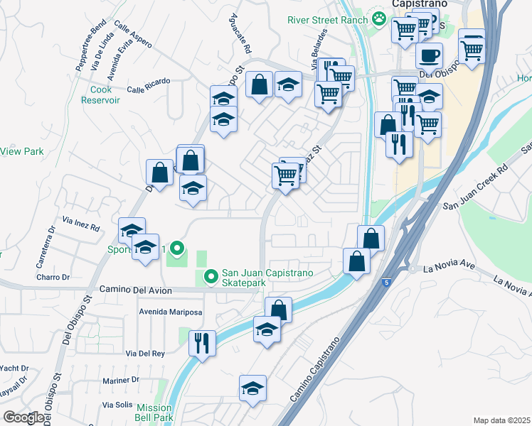 map of restaurants, bars, coffee shops, grocery stores, and more near Alipaz Street in San Juan Capistrano