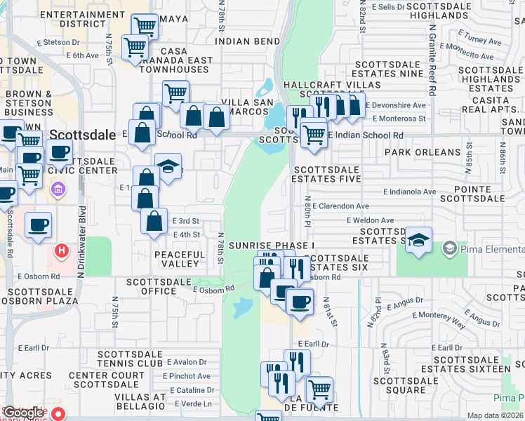 map of restaurants, bars, coffee shops, grocery stores, and more near 3600 Hayden Road in Scottsdale
