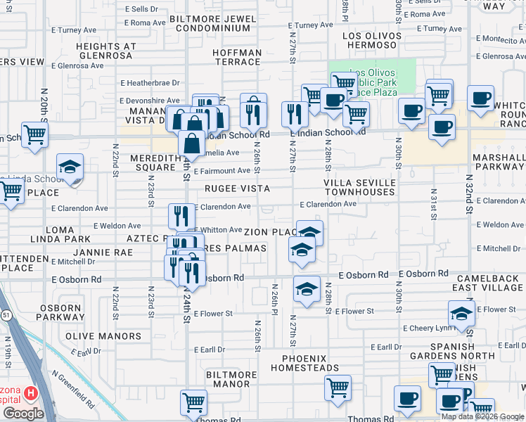 map of restaurants, bars, coffee shops, grocery stores, and more near 2542 East Whitton Avenue in Phoenix