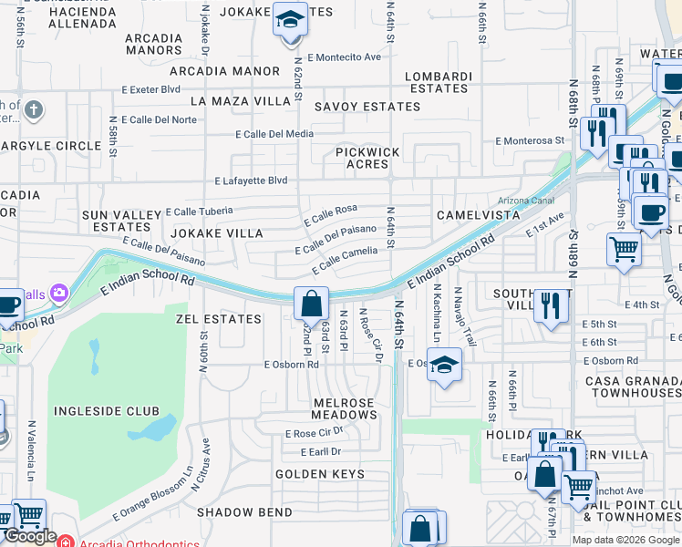 map of restaurants, bars, coffee shops, grocery stores, and more near 6223 East Cll Redonda in Scottsdale
