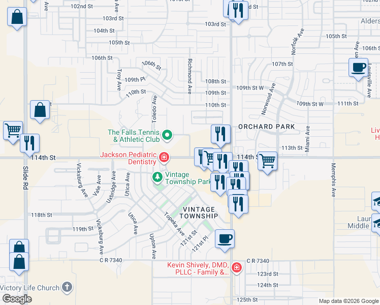 map of restaurants, bars, coffee shops, grocery stores, and more near 3124 112th Street in Lubbock