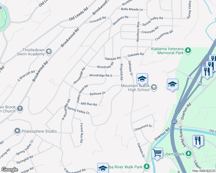 map of restaurants, bars, coffee shops, grocery stores, and more near 3526 Bethune Drive in Birmingham