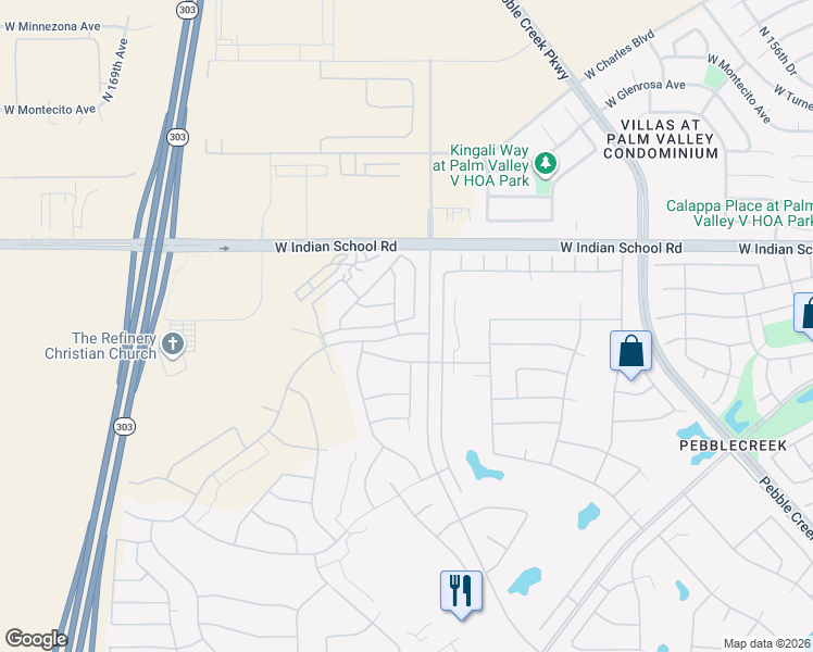 map of restaurants, bars, coffee shops, grocery stores, and more near 16308 West Indianola Avenue in Goodyear