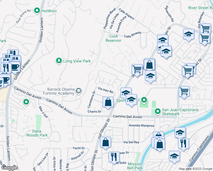 map of restaurants, bars, coffee shops, grocery stores, and more near 32481 Spyglass Court in San Juan Capistrano