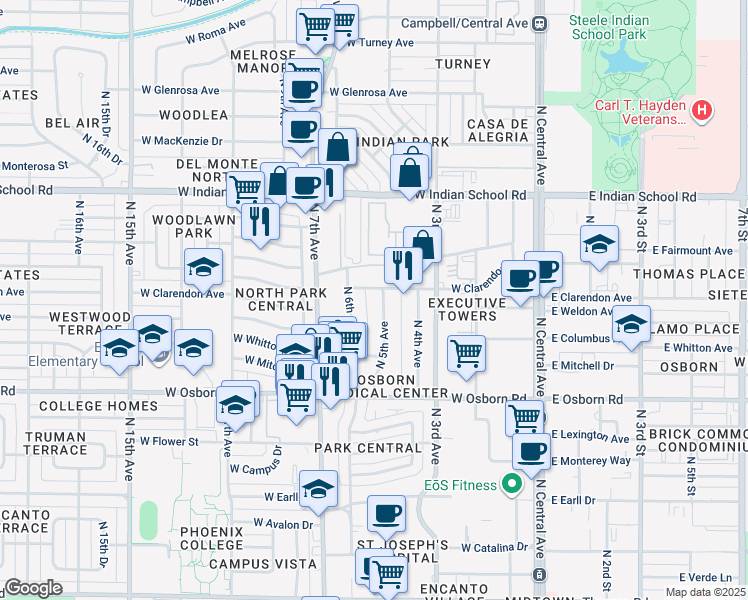 map of restaurants, bars, coffee shops, grocery stores, and more near 3660 North 5th Avenue in Phoenix