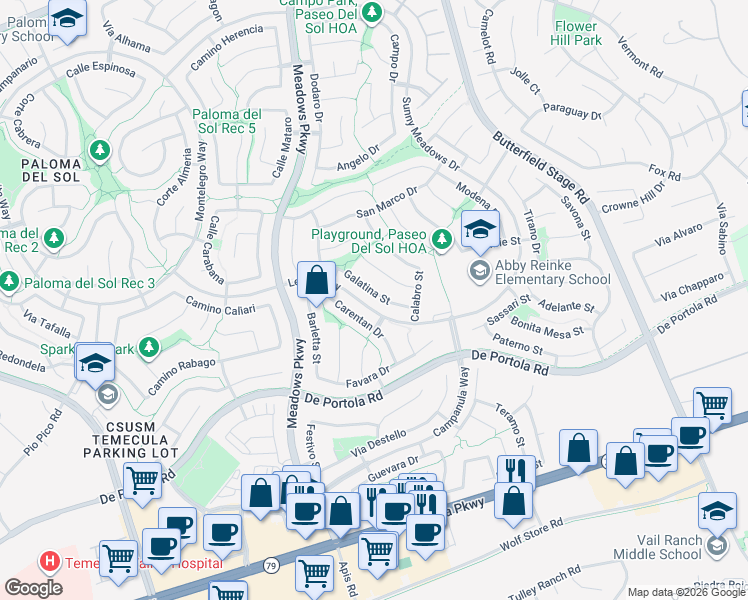 map of restaurants, bars, coffee shops, grocery stores, and more near 32505 Galatina Street in Temecula