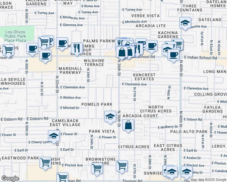 map of restaurants, bars, coffee shops, grocery stores, and more near 3717 North 35th Place in Phoenix