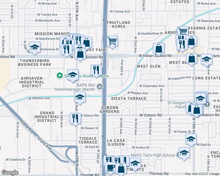 map of restaurants, bars, coffee shops, grocery stores, and more near 3621 North Black Canyon Highway in Phoenix