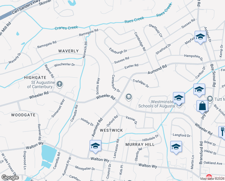 map of restaurants, bars, coffee shops, grocery stores, and more near 615 Aumond Road in Augusta