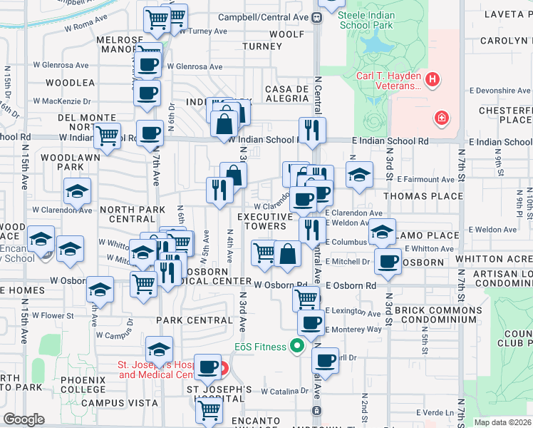 map of restaurants, bars, coffee shops, grocery stores, and more near North 2nd Avenue in Phoenix
