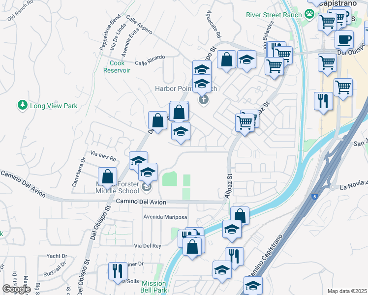 map of restaurants, bars, coffee shops, grocery stores, and more near in San Juan Capistrano