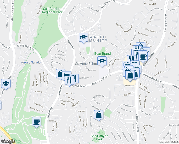 map of restaurants, bars, coffee shops, grocery stores, and more near 25 Paradise Cove in Laguna Niguel