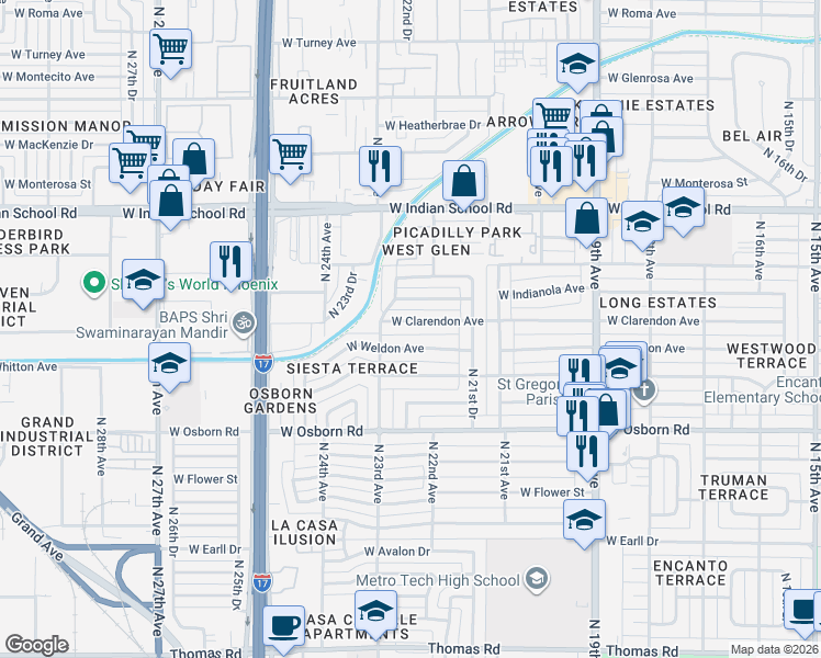 map of restaurants, bars, coffee shops, grocery stores, and more near 2218 West Weldon Avenue in Phoenix