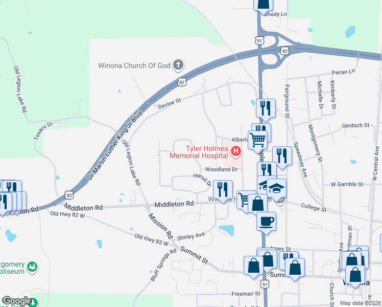 map of restaurants, bars, coffee shops, grocery stores, and more near 601 Westland Drive in Winona