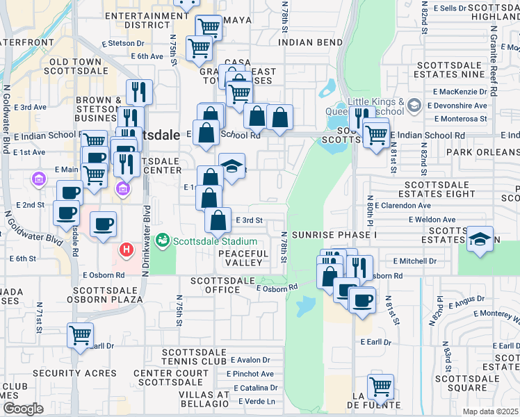 map of restaurants, bars, coffee shops, grocery stores, and more near 7713 East 3rd Street in Scottsdale