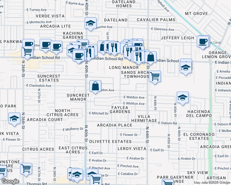 map of restaurants, bars, coffee shops, grocery stores, and more near 4209 East Weldon Avenue in Phoenix