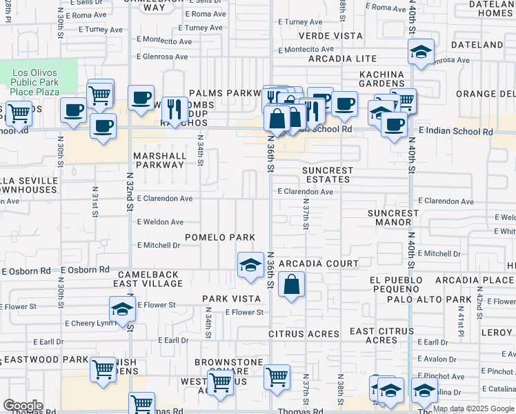 map of restaurants, bars, coffee shops, grocery stores, and more near 3717 North 35th Place in Phoenix