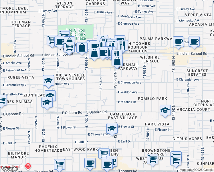 map of restaurants, bars, coffee shops, grocery stores, and more near 3126 East Weldon Avenue in Phoenix