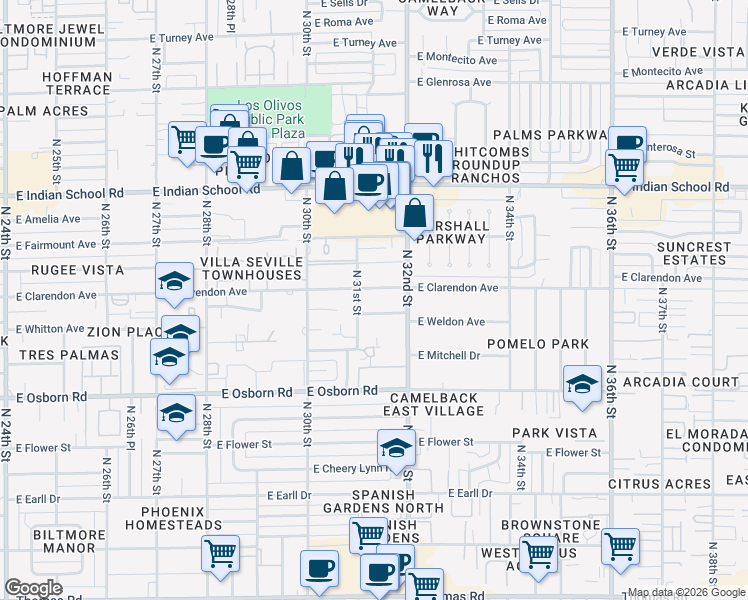 map of restaurants, bars, coffee shops, grocery stores, and more near 3126 East Weldon Avenue in Phoenix