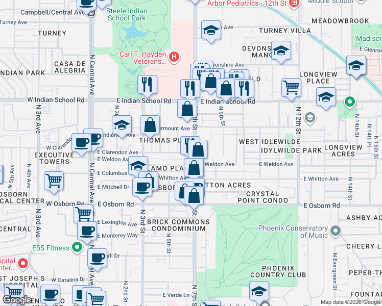 map of restaurants, bars, coffee shops, grocery stores, and more near in Phoenix