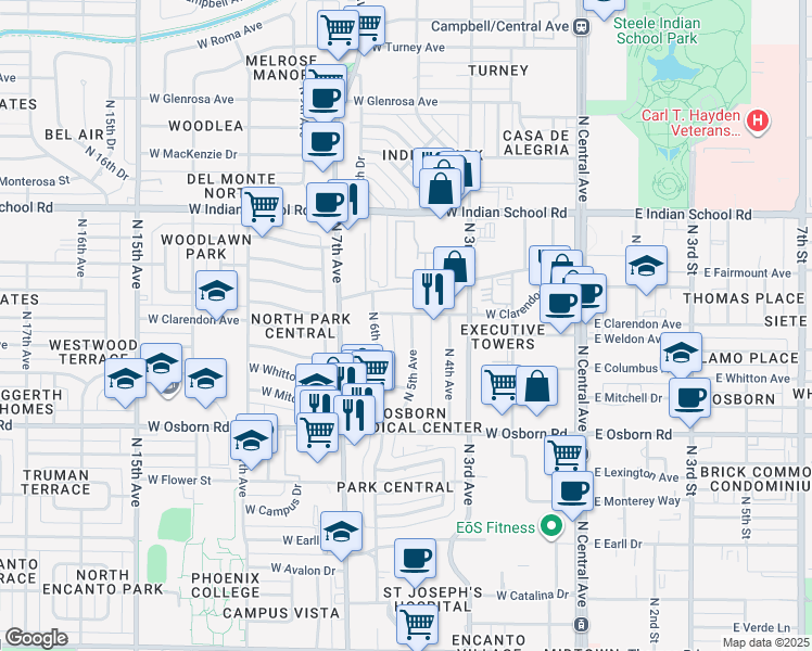map of restaurants, bars, coffee shops, grocery stores, and more near 3629 North 5th Avenue in Phoenix