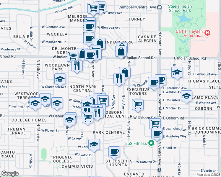 map of restaurants, bars, coffee shops, grocery stores, and more near 3634 North 5th Avenue in Phoenix