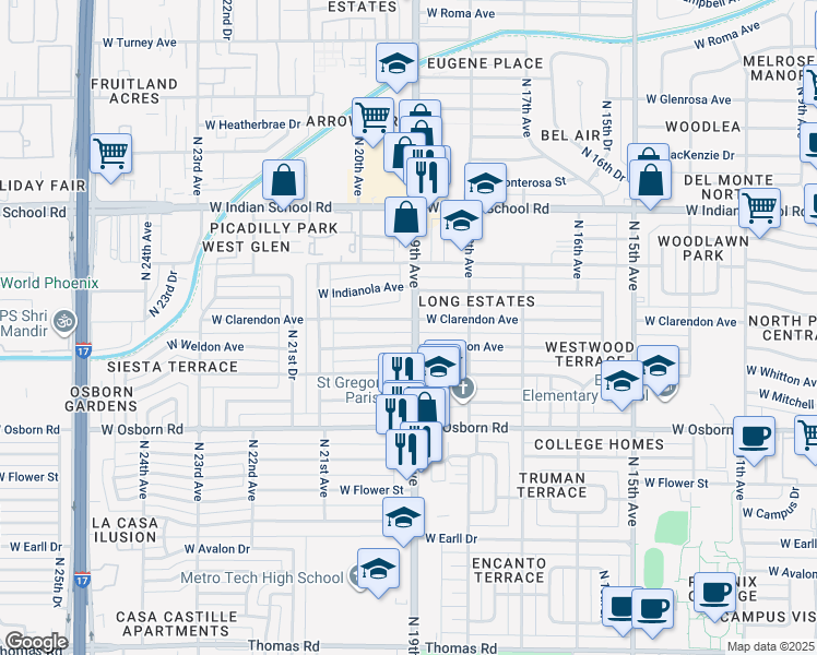 map of restaurants, bars, coffee shops, grocery stores, and more near 1824 West Weldon Avenue in Phoenix