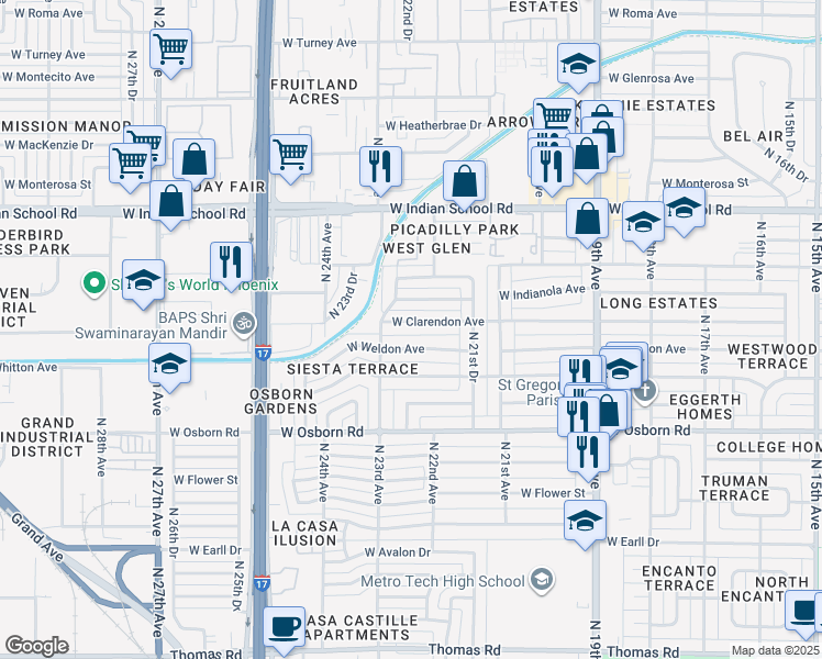 map of restaurants, bars, coffee shops, grocery stores, and more near 2218 West Weldon Avenue in Phoenix