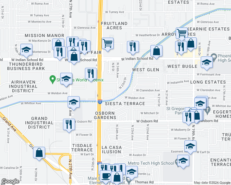 map of restaurants, bars, coffee shops, grocery stores, and more near 3621 North Black Canyon Highway in Phoenix