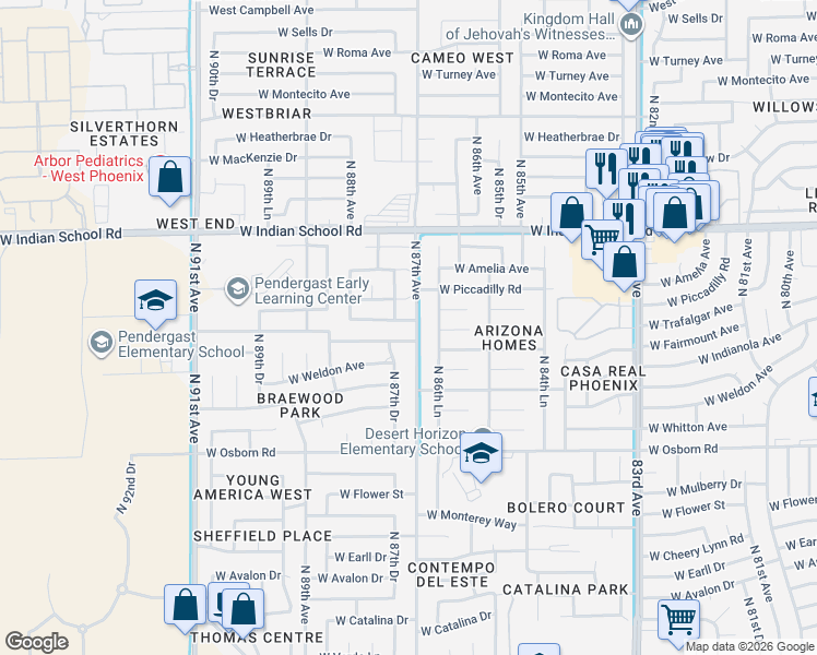 map of restaurants, bars, coffee shops, grocery stores, and more near 8701 West Clarendon Avenue in Phoenix