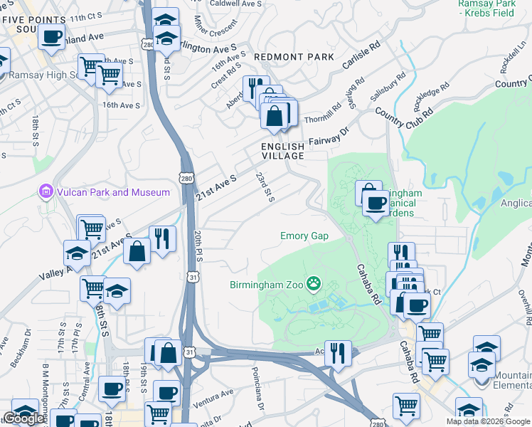 map of restaurants, bars, coffee shops, grocery stores, and more near 2213 Peacock Lane in Birmingham