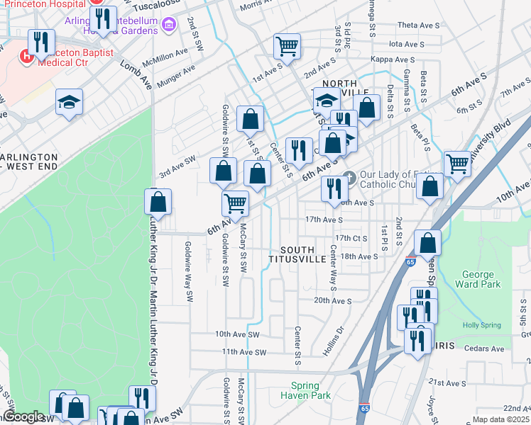 map of restaurants, bars, coffee shops, grocery stores, and more near 628 Center Way Southwest in Birmingham