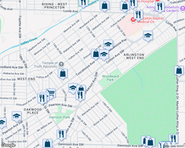 map of restaurants, bars, coffee shops, grocery stores, and more near 1417 Cotton Avenue Southwest in Birmingham