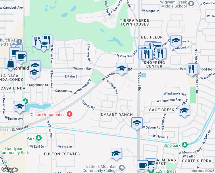 map of restaurants, bars, coffee shops, grocery stores, and more near 13209 West Amelia Avenue in Litchfield Park