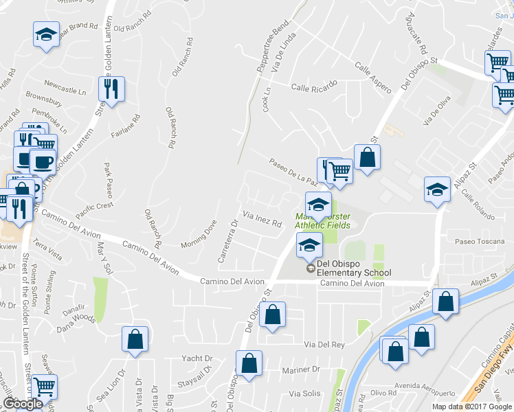 map of restaurants, bars, coffee shops, grocery stores, and more near 32482 Lookout Court in San Juan Capistrano