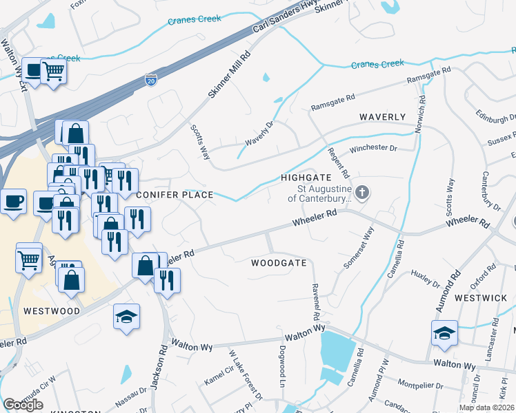 map of restaurants, bars, coffee shops, grocery stores, and more near 3409 Wheeler Road in Augusta